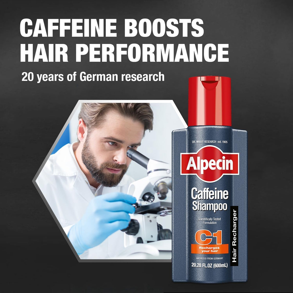 Alpecin C1 Caffeine Shampoo bottle next to scale comparison