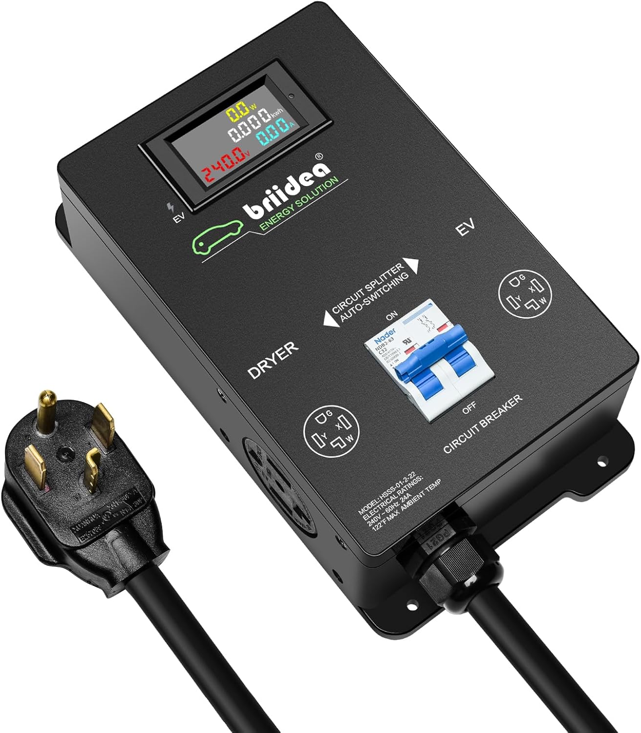 Briidea Automatic Power Switch for Dryer and EV front view showing LCD display screen and NEMA 14-30 outlets for authentic smart home charging.