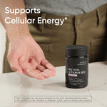 Side view of Sports Research Vitamin B12 bottle detailing metabolic energy benefits