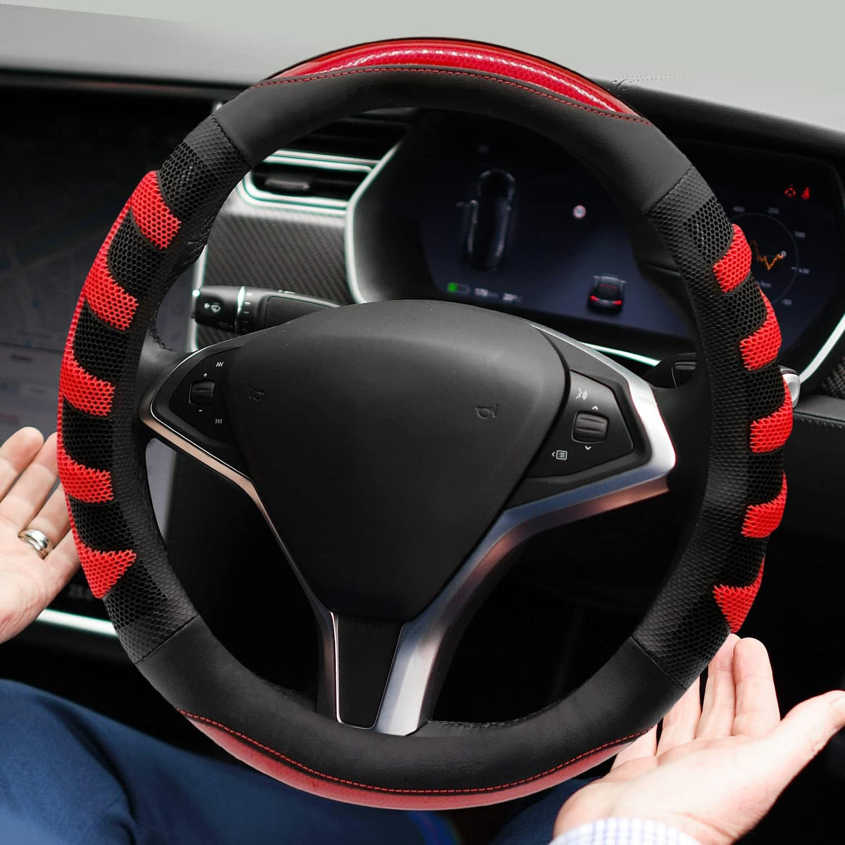 Sport Grip Style Dark Red Leather Steering Wheel Cover,Black ,Universal Fit 14.5-15.25 inch Steering Wheel - Image 14
