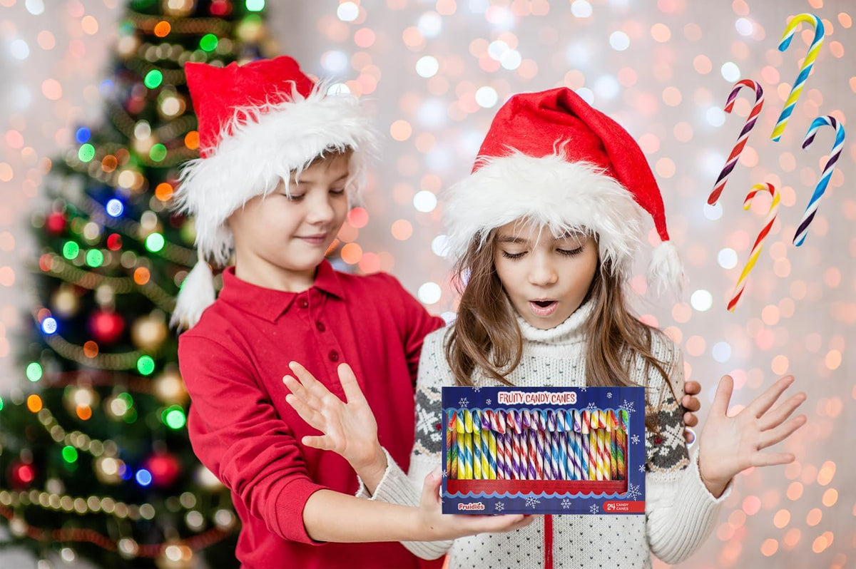 Colorful Christmas candy canes spread out as festive party favors for kids