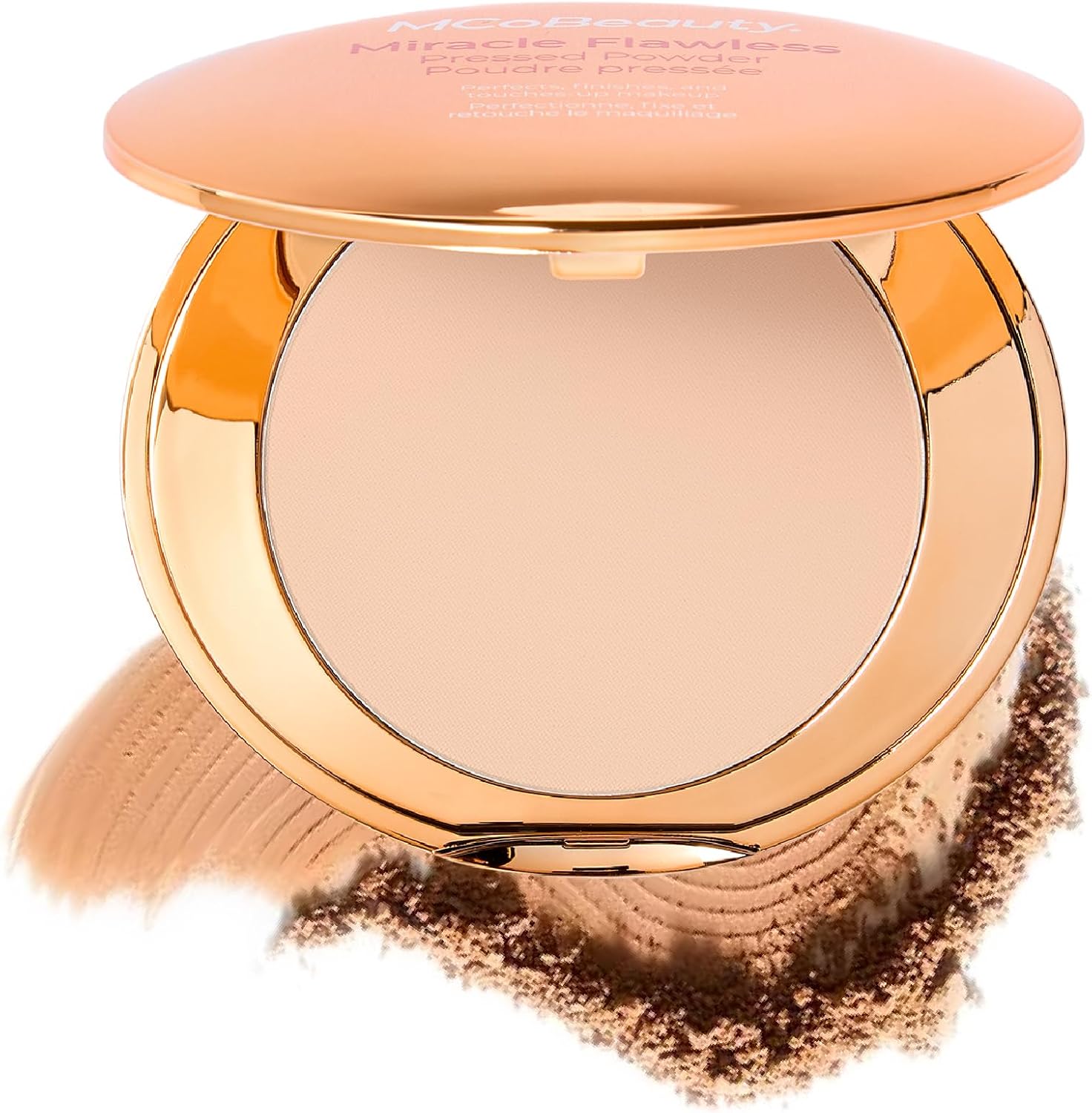 MCoBeauty Miracle Flawless Pressed Powder 1 Light front view of rose gold compact