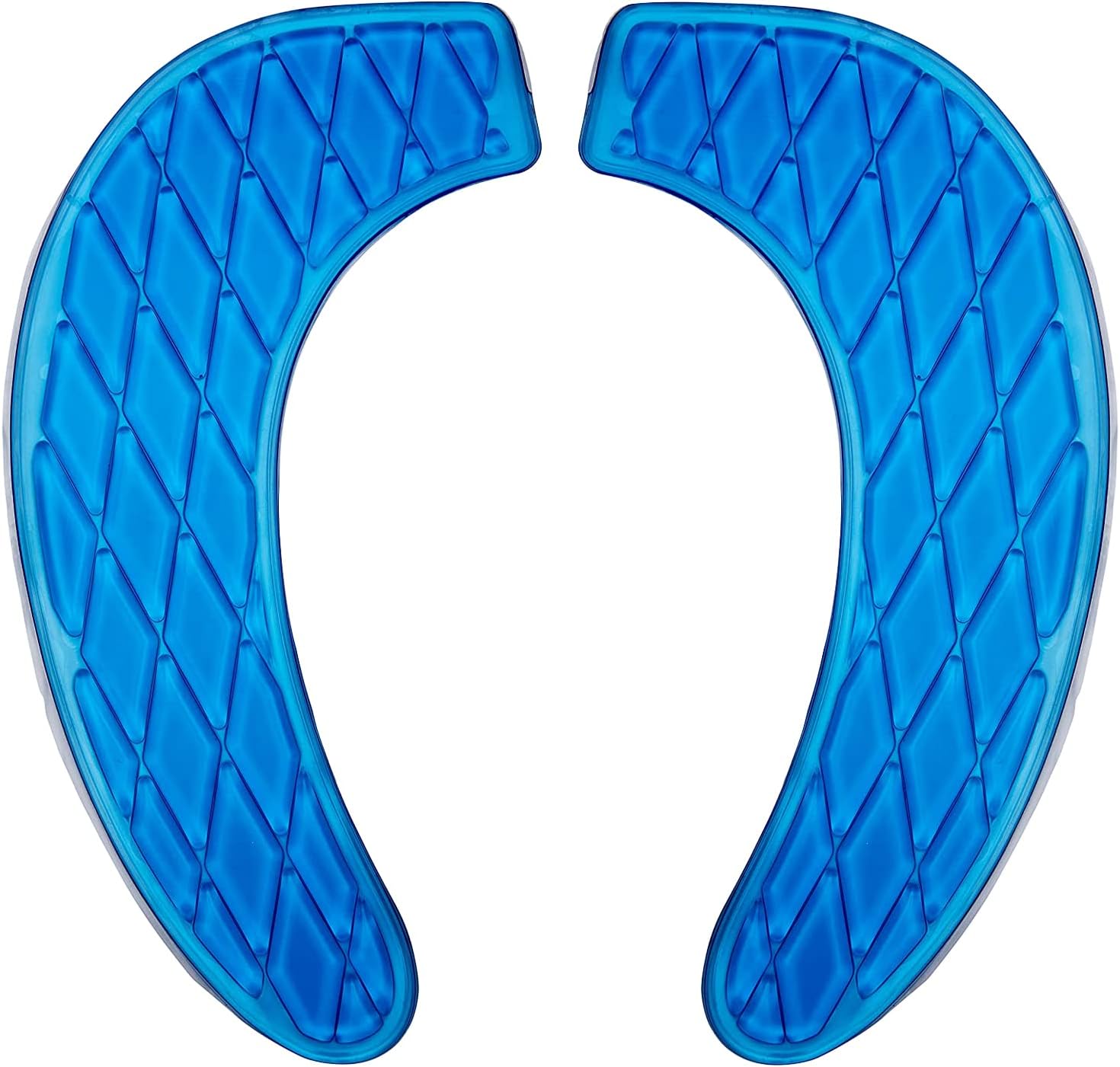 Kindax gel toilet seat cushion blue front view installed on a standard white bathroom commode seat
