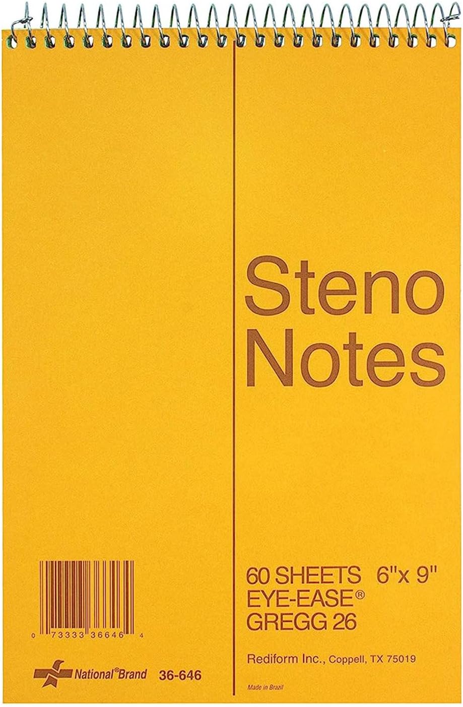 National steno notebook front view showing brown board cover and spiral binding.
