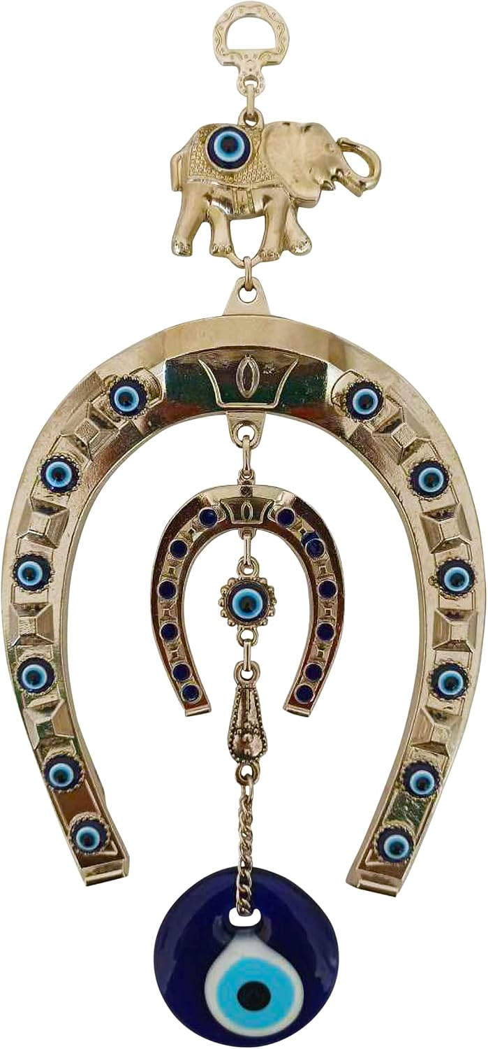 Erbulus Turkish silver horse shoe blue evil eye wall hanging ornament front view home decor