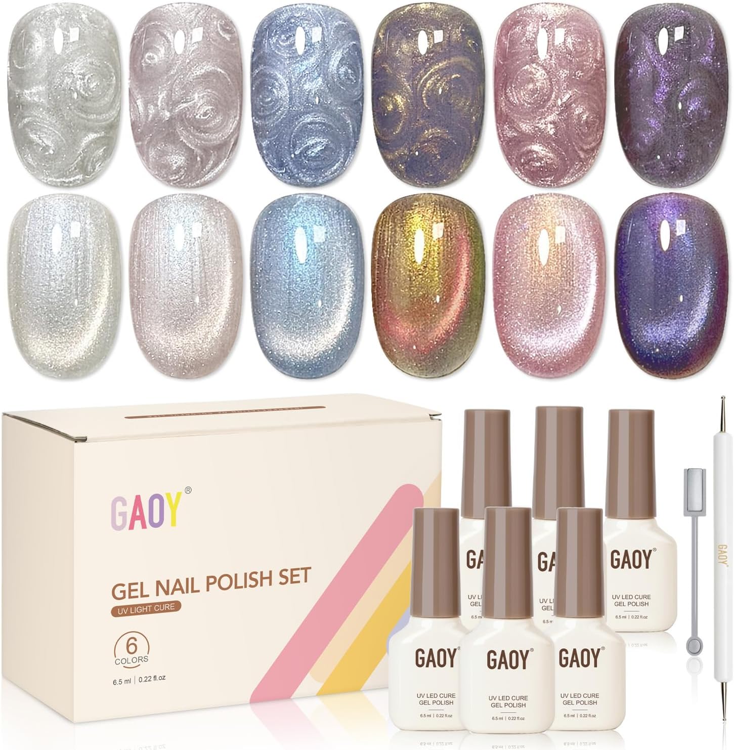 GAOY Pearl Gel Polish Cat Eye Nail Polish Set, 6 Colors Glitter Iridescent Mermaid White Blue Pink Purple with Magnet and Dotting Pen, Holographic Shimmer UV Gel Kit for Nail Art Salon - Image 1