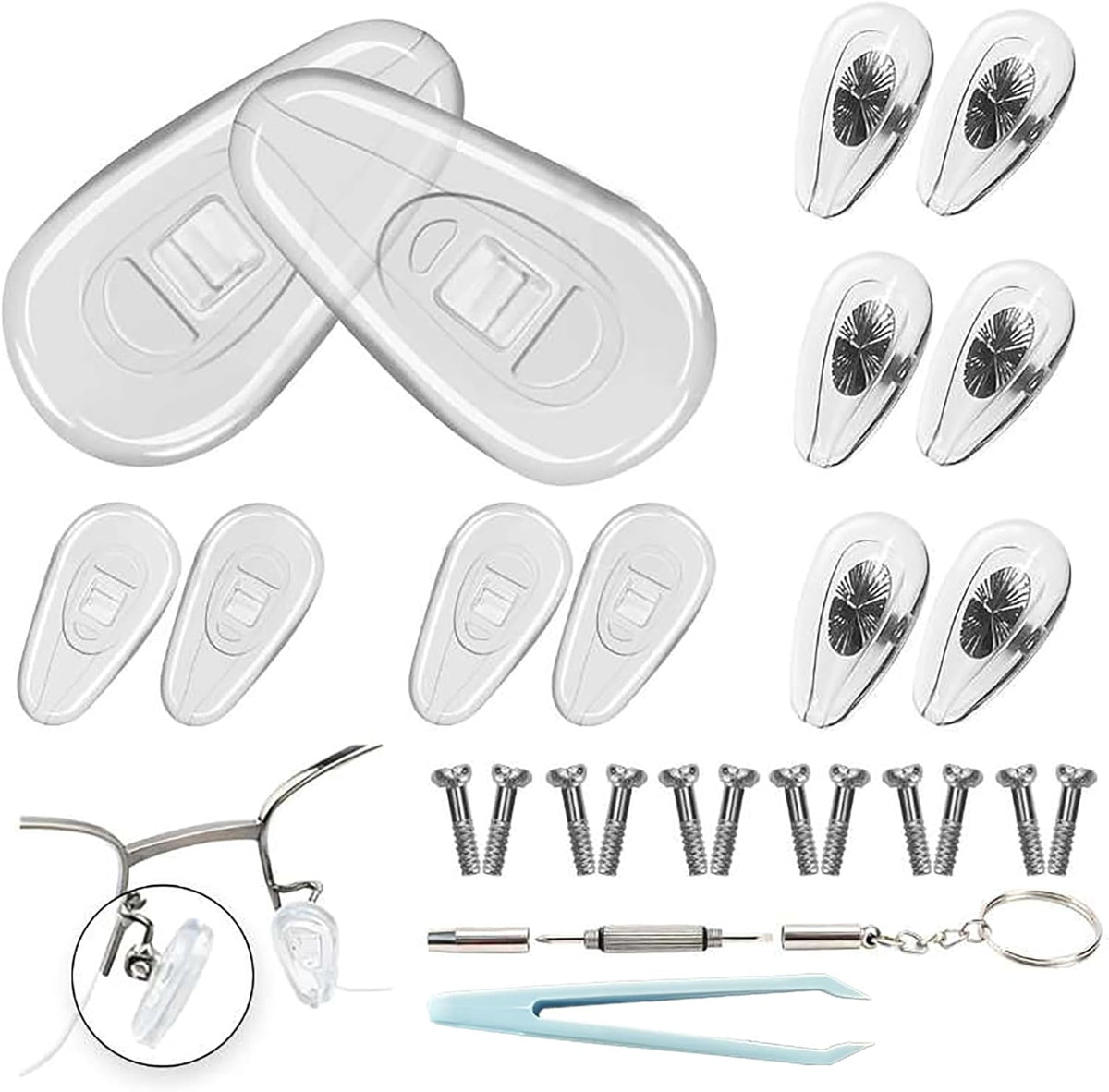 Techsuit eyeglass nose pads repair kit front view showing 6 pairs of silicone pads and micro screwdriver.