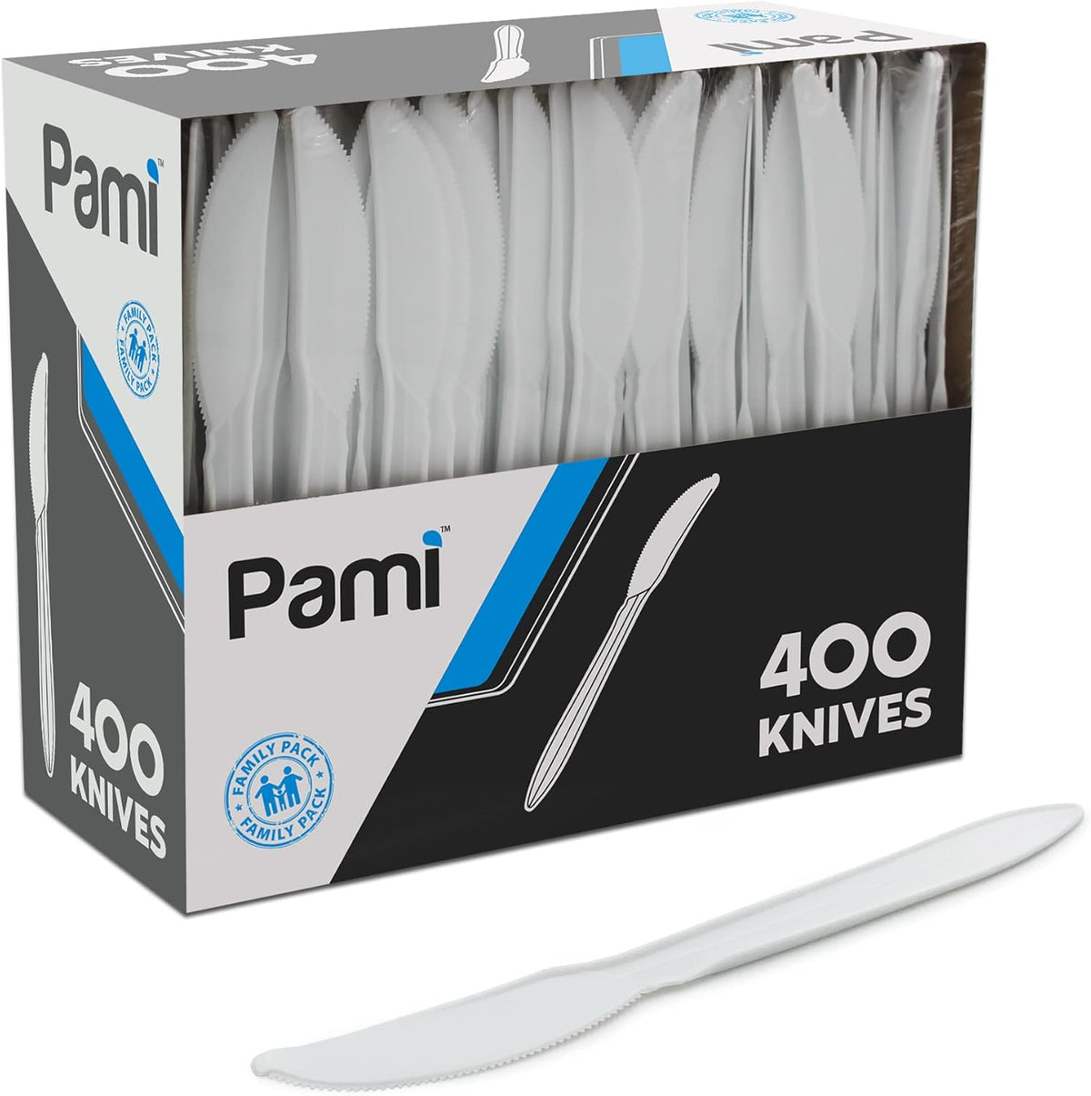 PAMI 400-Pack Disposable Plastic Knives front view for bulk catering.