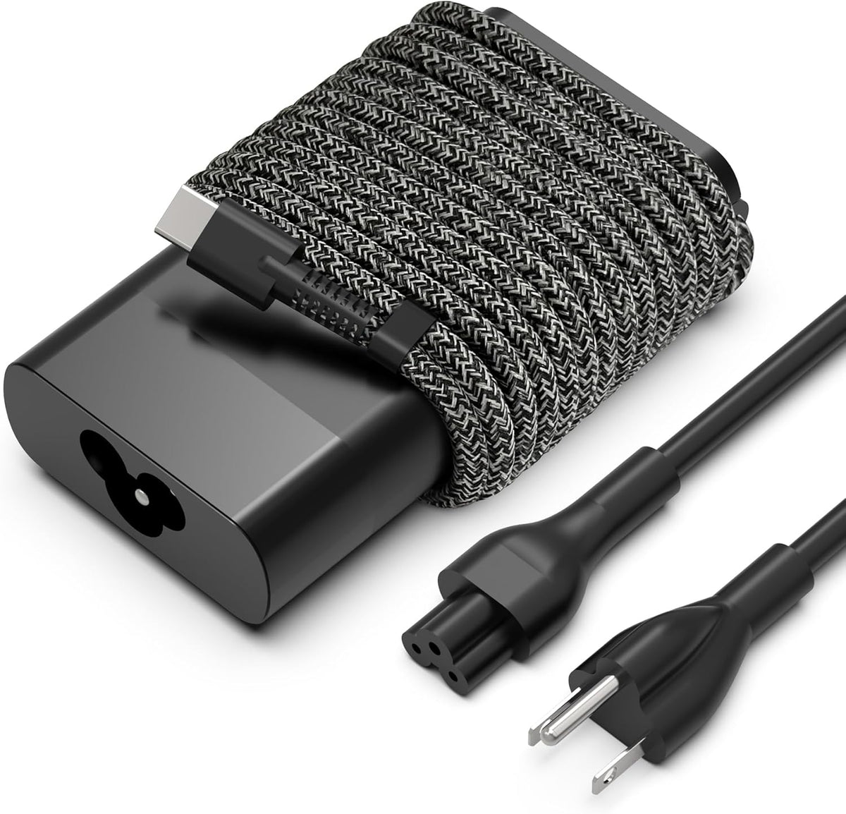 Agarwals 65-Watt USB C Slim Laptop Charger front view showing compact power adapter block and braided cable.