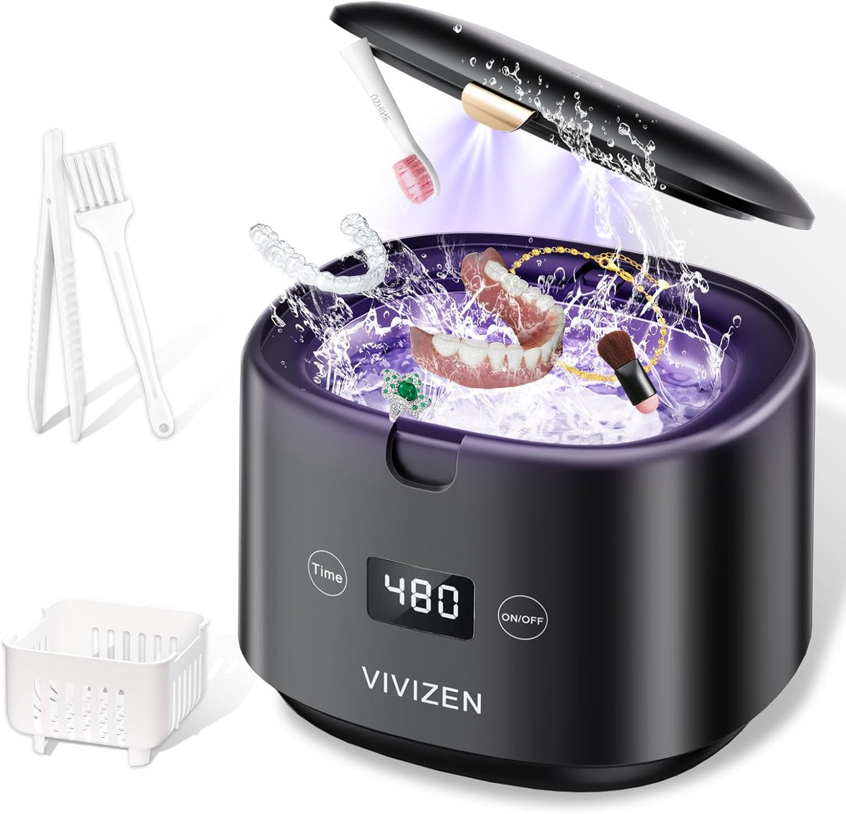 Vivizen ultrasonic retainer cleaner front view showing black finish and control panel