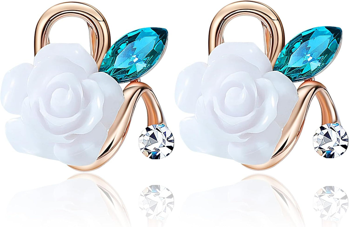Zaycca White Rose Flower Stud Earrings front view fashion jewelry