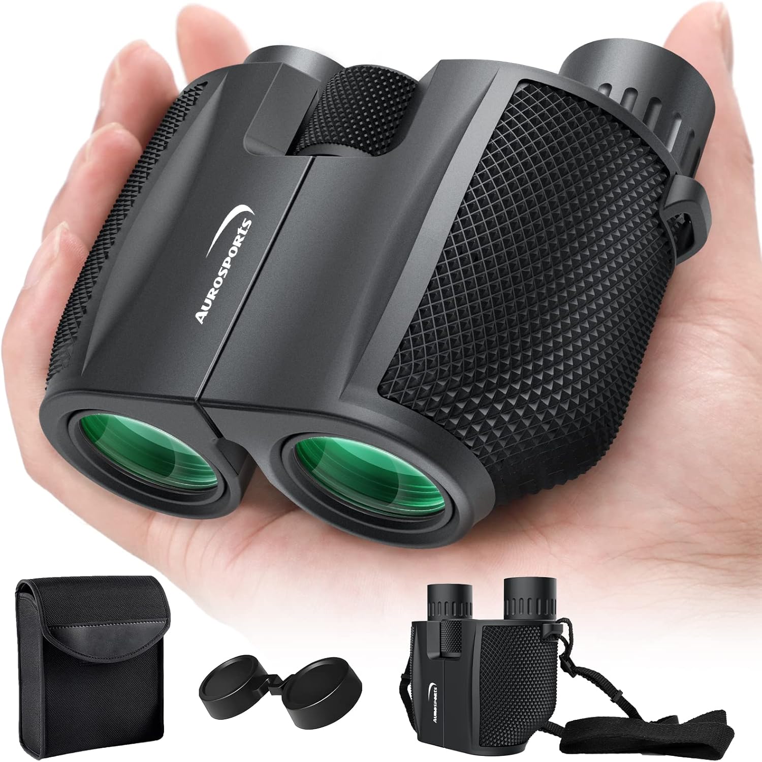 Aurosports 10x25 compact folding binoculars front view for bird watching