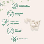Micro Ingredients glycine 240 vegetarian capsules container highlighting non-GMO and gluten-free attributes.