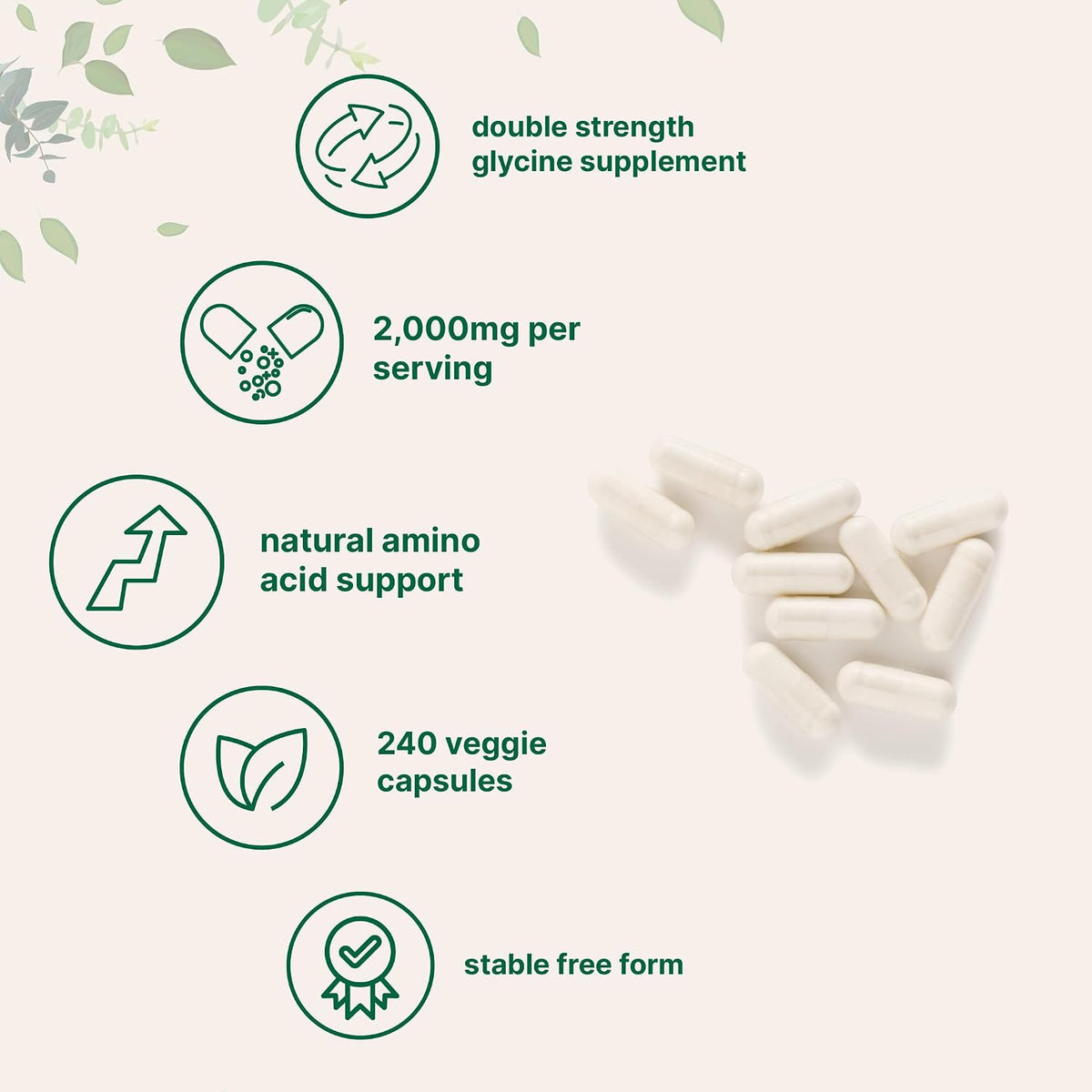 Micro Ingredients glycine 240 vegetarian capsules container highlighting non-GMO and gluten-free attributes.