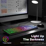 MOWUX wired keyboard angled perspective showing 7-color LED backlighting