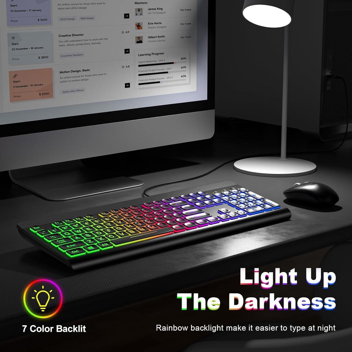 MOWUX wired keyboard angled perspective showing 7-color LED backlighting