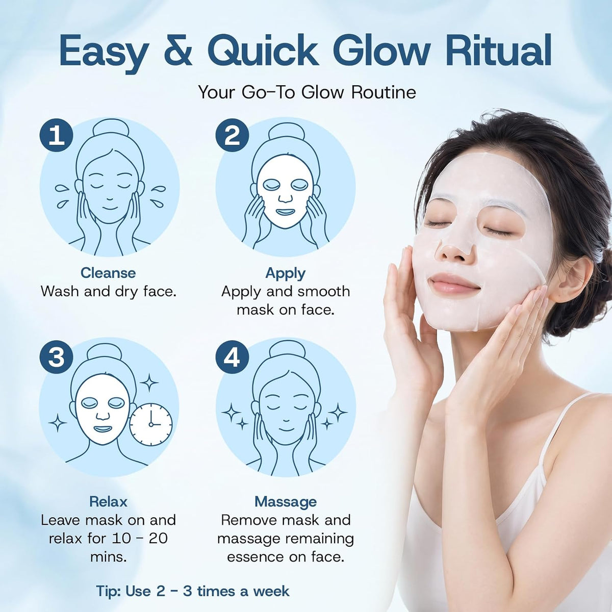 Bloomora PDRN face sheet mask applied on model face