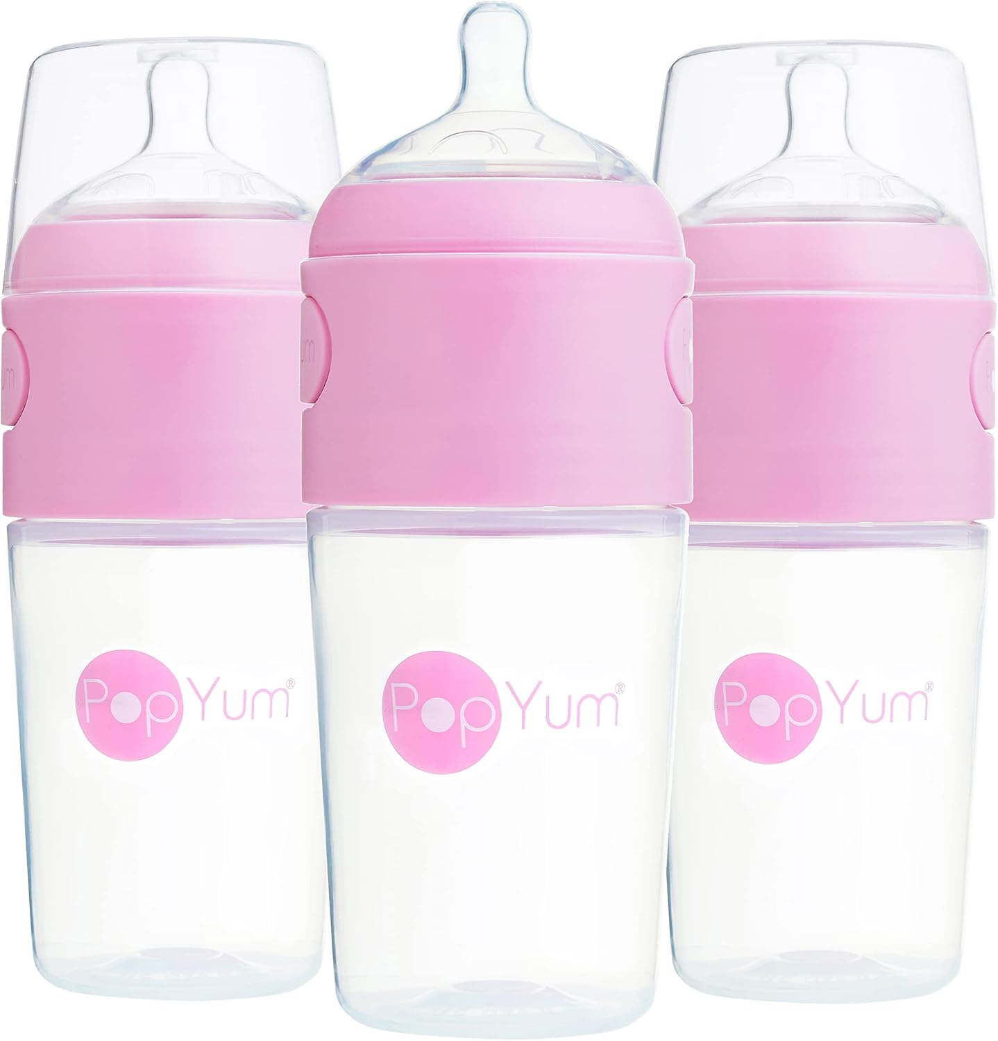PopYum 9 fluid ounce pink anti-colic formula mixing baby bottle front view