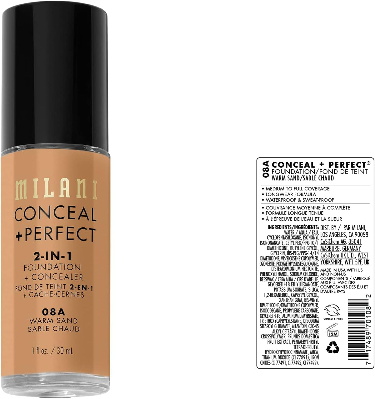 Milani Warm Sand liquid foundation packaging details