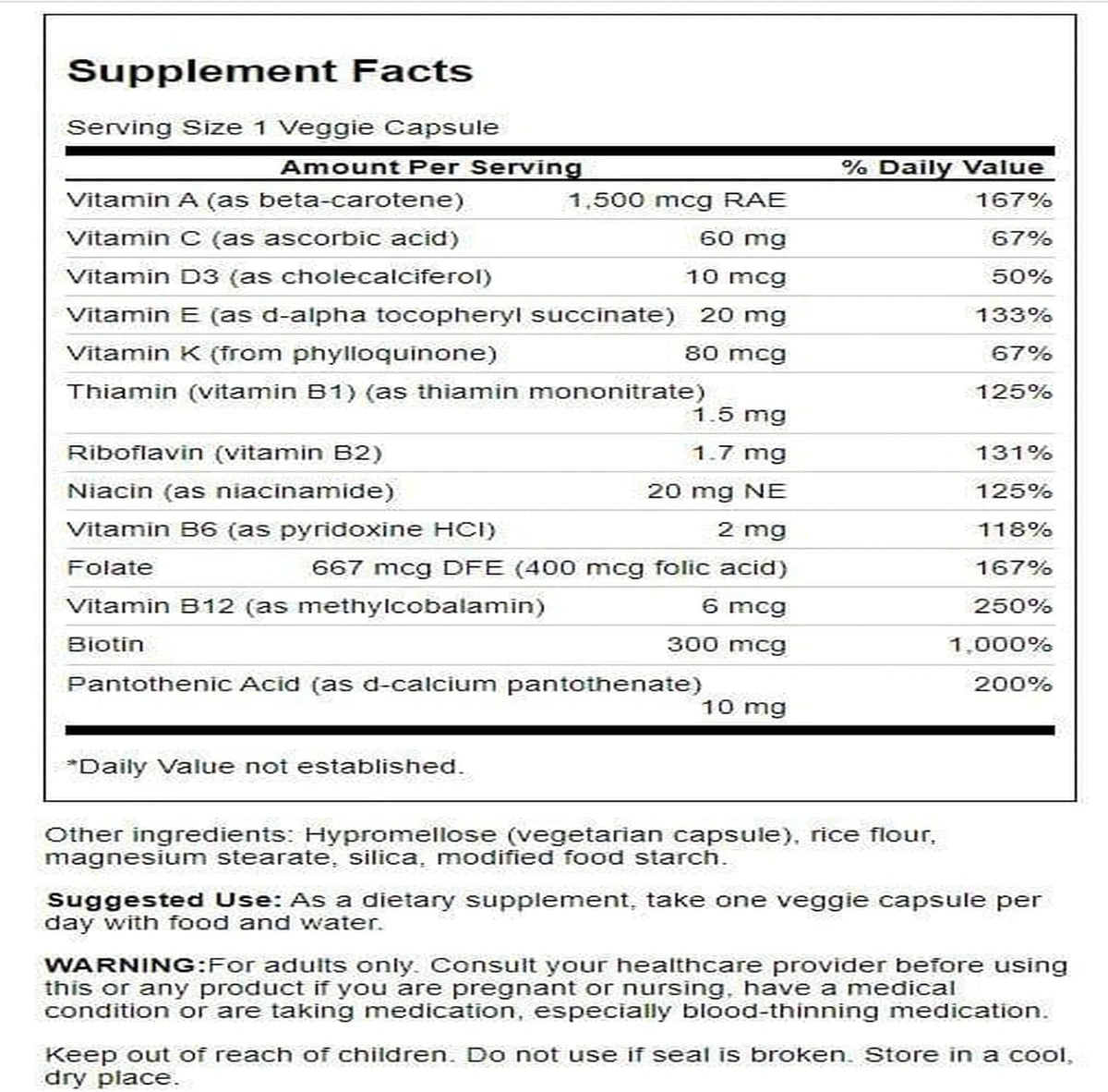 Swanson Daily Multivitamin Without Minerals supplement facts and ingredients label