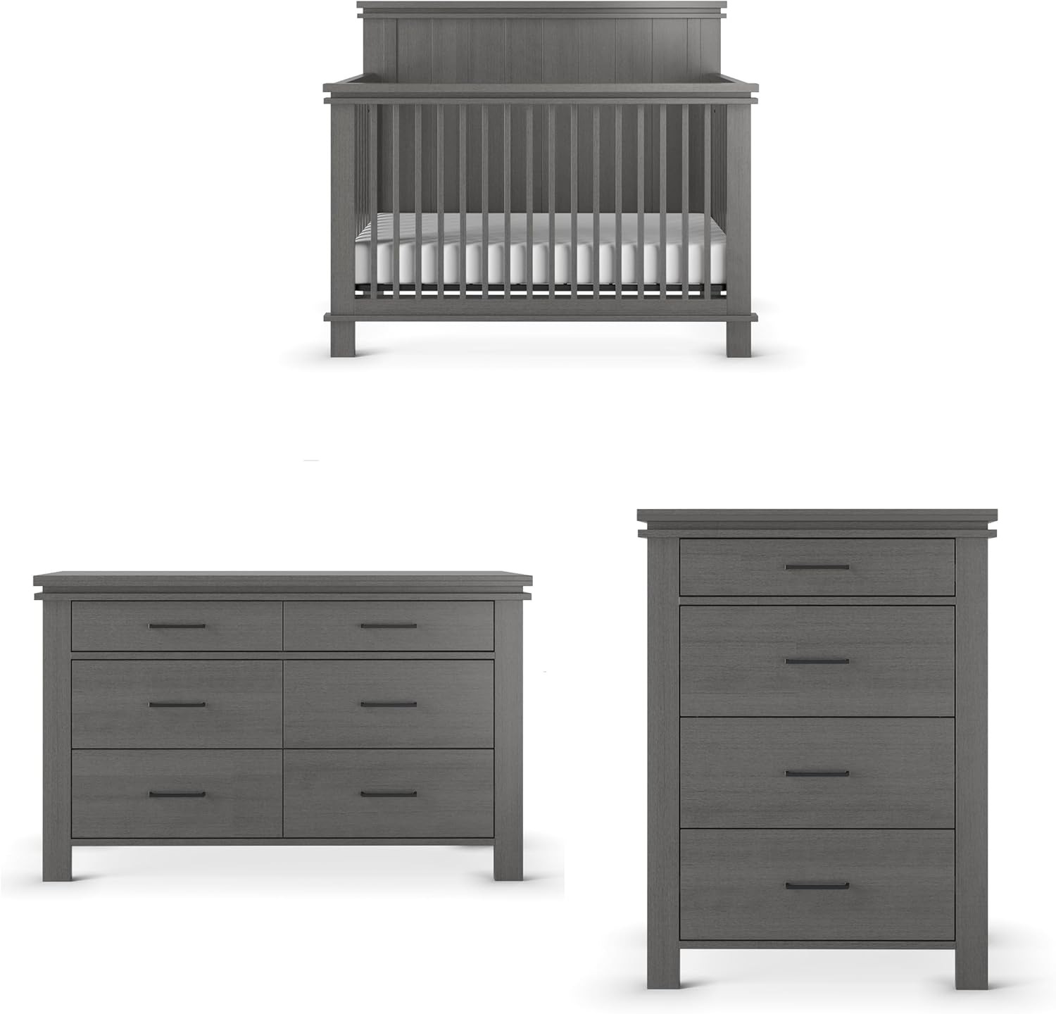 Child Craft Denman three piece nursery set front view midnight gray convertible wooden crib dresser and chest