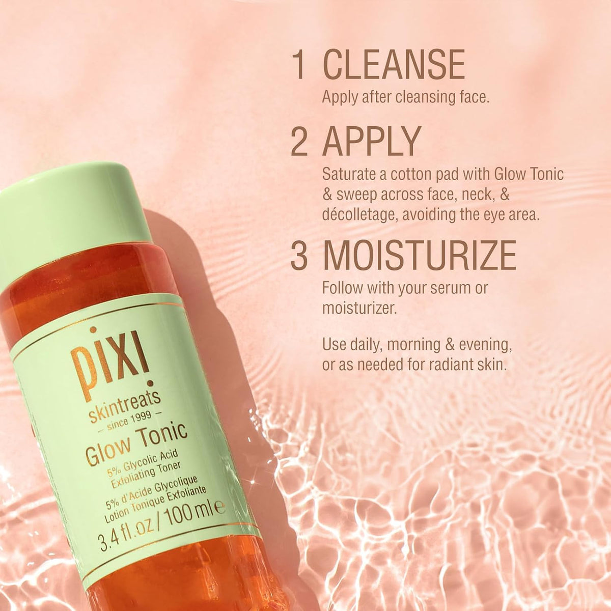 Pixi glow tonic clear bottle showing the amber glycolic acid solution