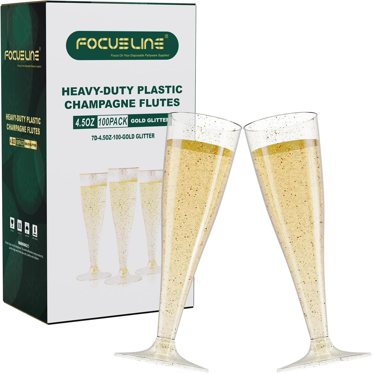 Focusline 100 Pack Gold Glitter Plastic Champagne Flutes front view for wedding parties