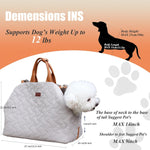 Beige soft sided pet carrier used as car seat