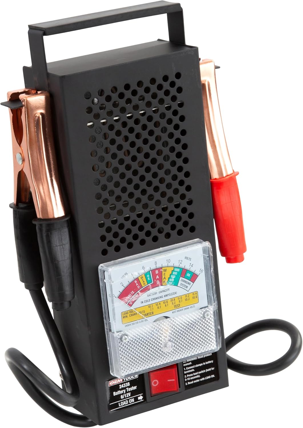 OEMTOOLS 24338 battery load tester front view with analog meter