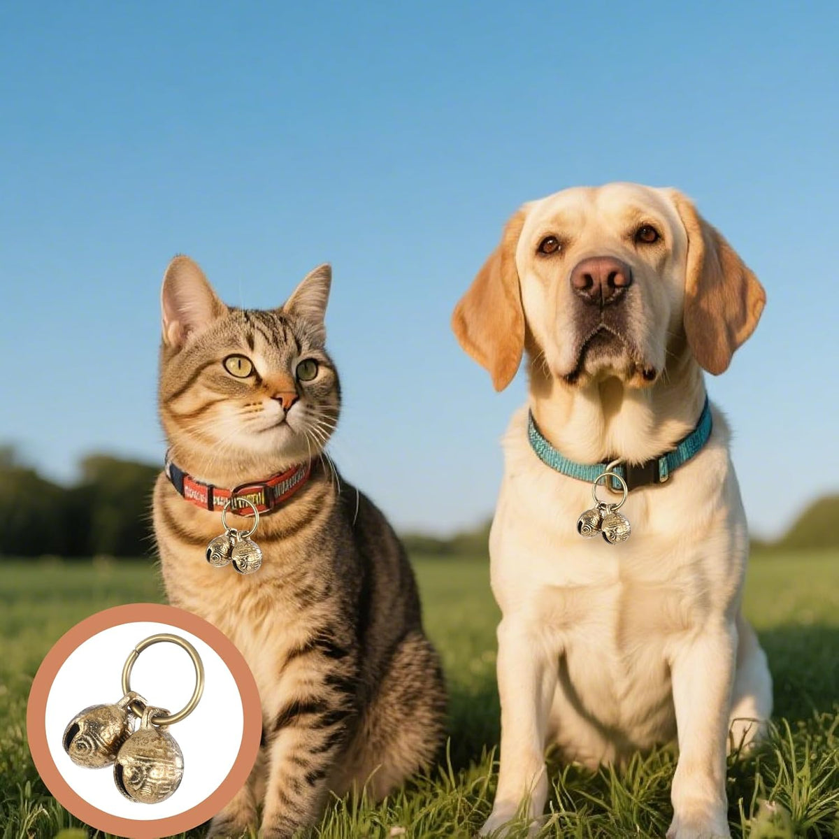 Authentic imported pet safety bells pack highlighting the secure metal split rings.