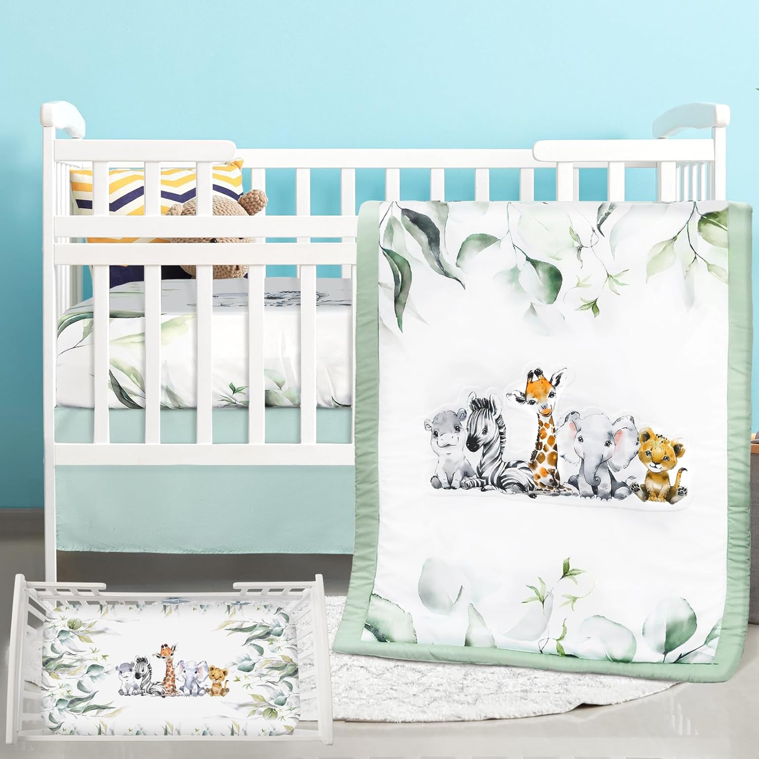 Hahafelt 3 piece baby crib bedding set safari animals front view showcasing the watercolor quilt