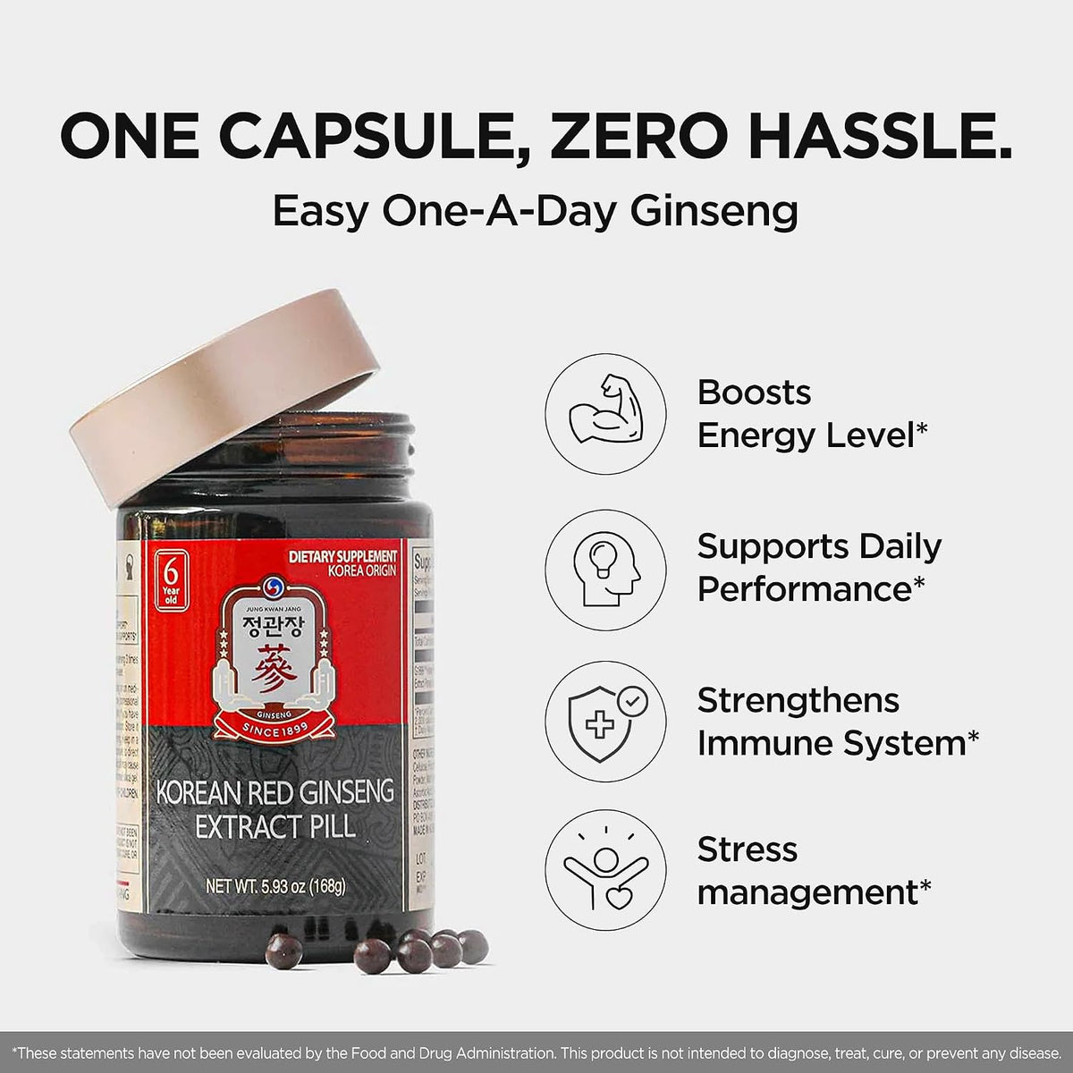 Close up of authentic Korean red ginseng herbal supplement pills for daily immune and stamina support