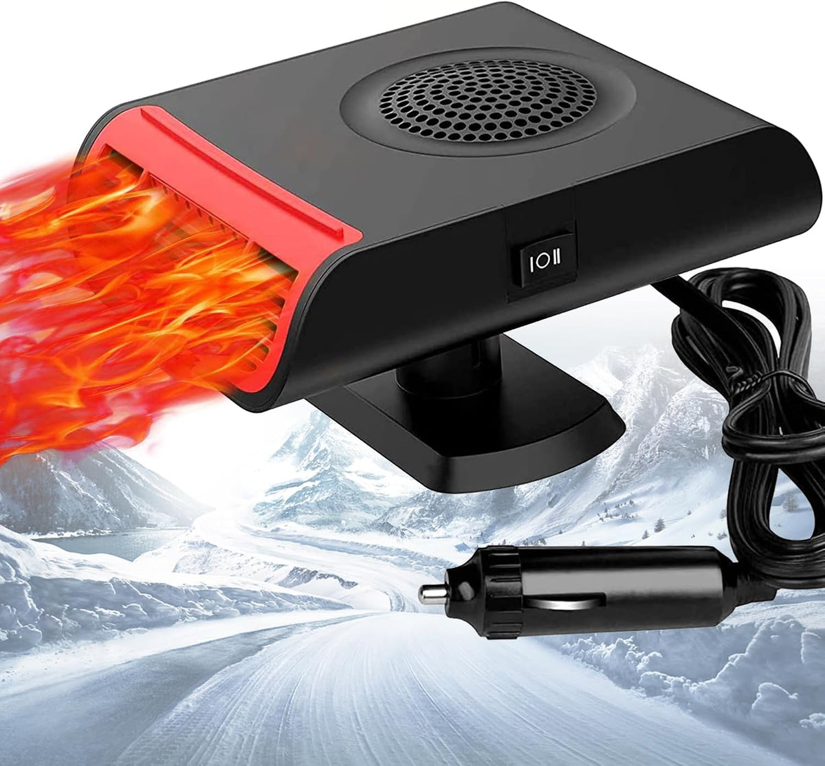 PLACHIDAY 12V portable car heater front view plugged into cigarette lighter socket