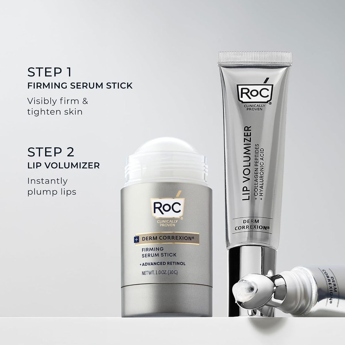 Close up view of RoC Derm Correxion Lip Volumizer silver tube showing the plumping treatment applicator tip