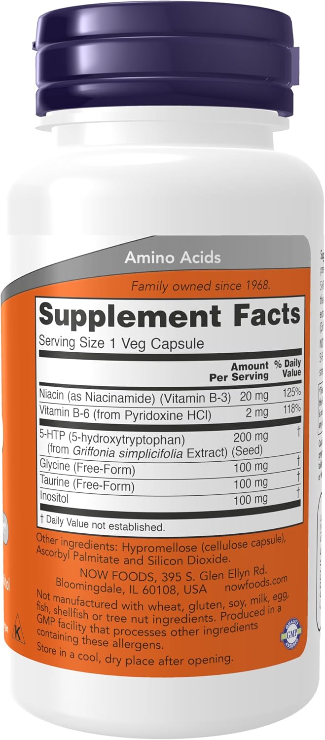 NOW Foods 5-HTP Double Strength 200 mg supplement label and ingredients list