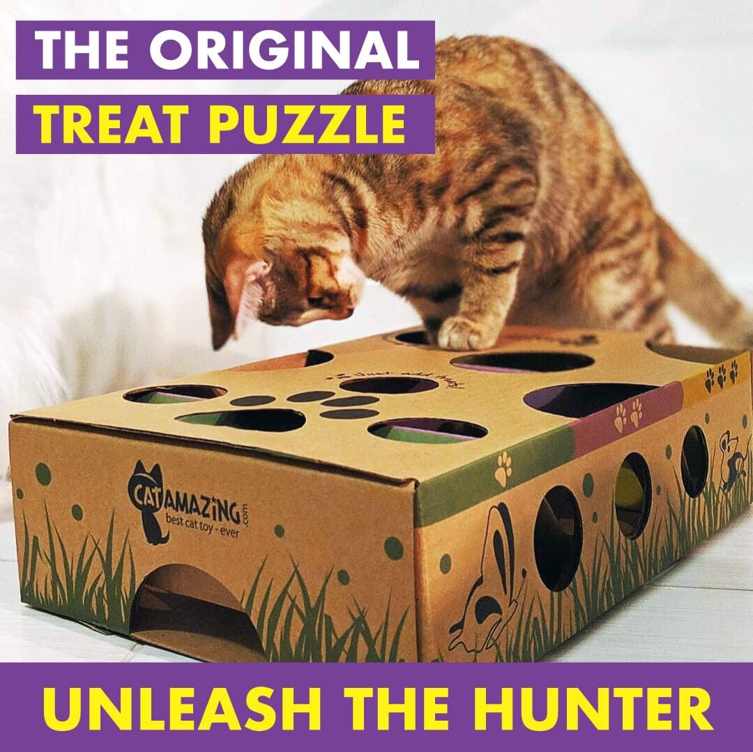 Side angle of the Cat Amazing Classic cardboard puzzle feeder showing a cat reaching inside for a treat.