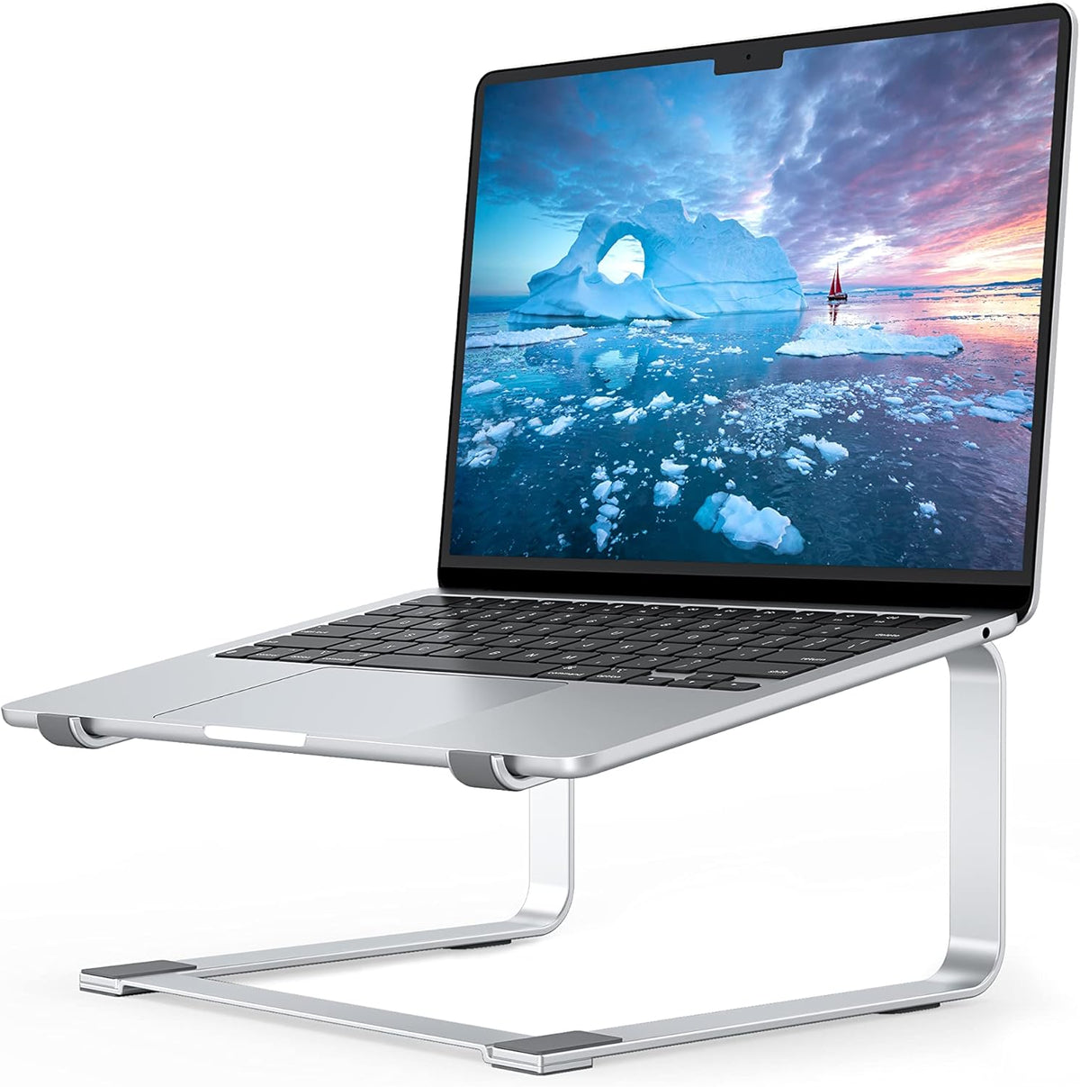 SOUNDANCE metal laptop stand silver front view on office desk.