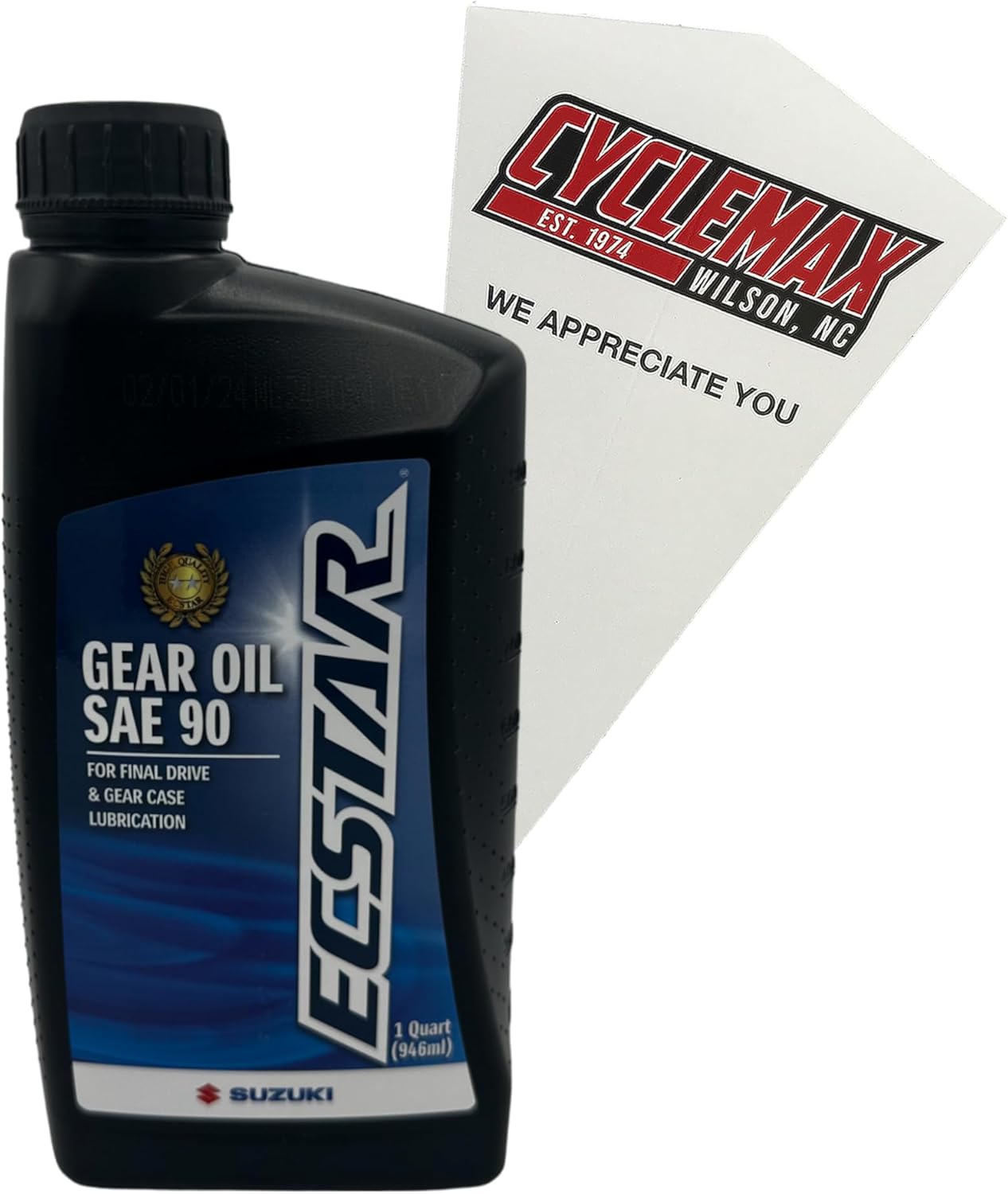 Cyclemax gear oil kit front view showing the premium fluid bottle and disposable funnel for vehicle maintenance