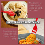 Close up of red plastic fork ribbed handle design