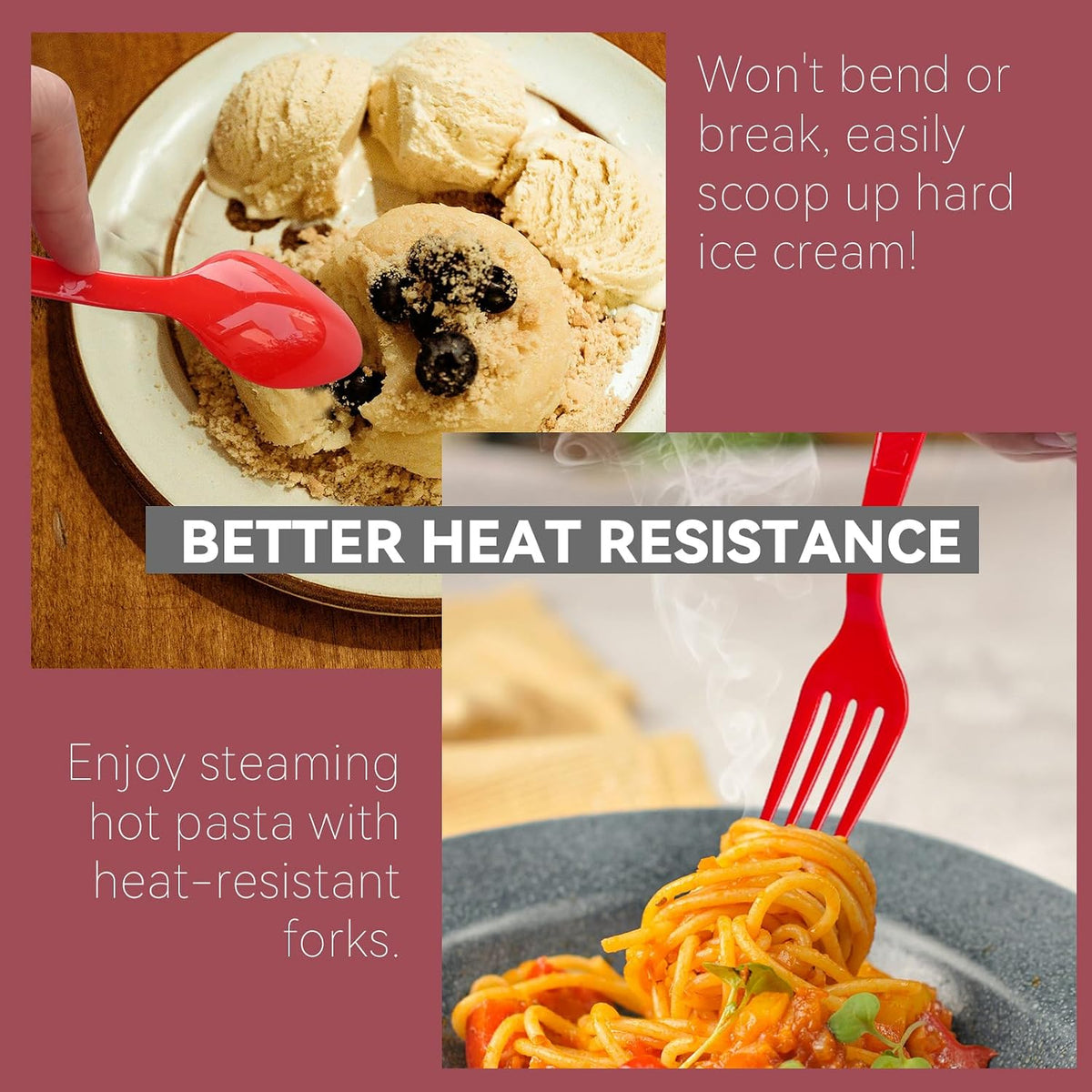 Close up of red plastic fork ribbed handle design