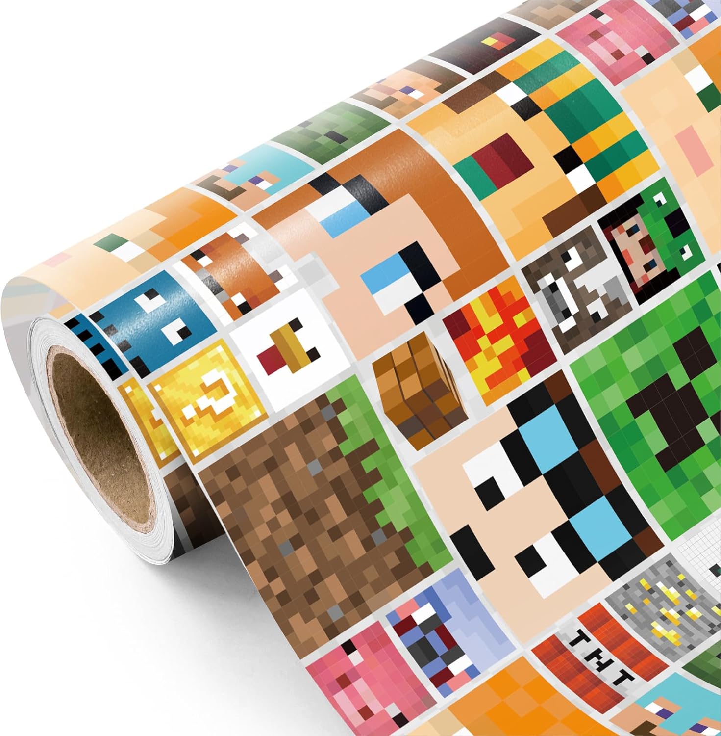 WRAPAHOLIC video game wrapping paper front view showcasing colorful pixel characters
