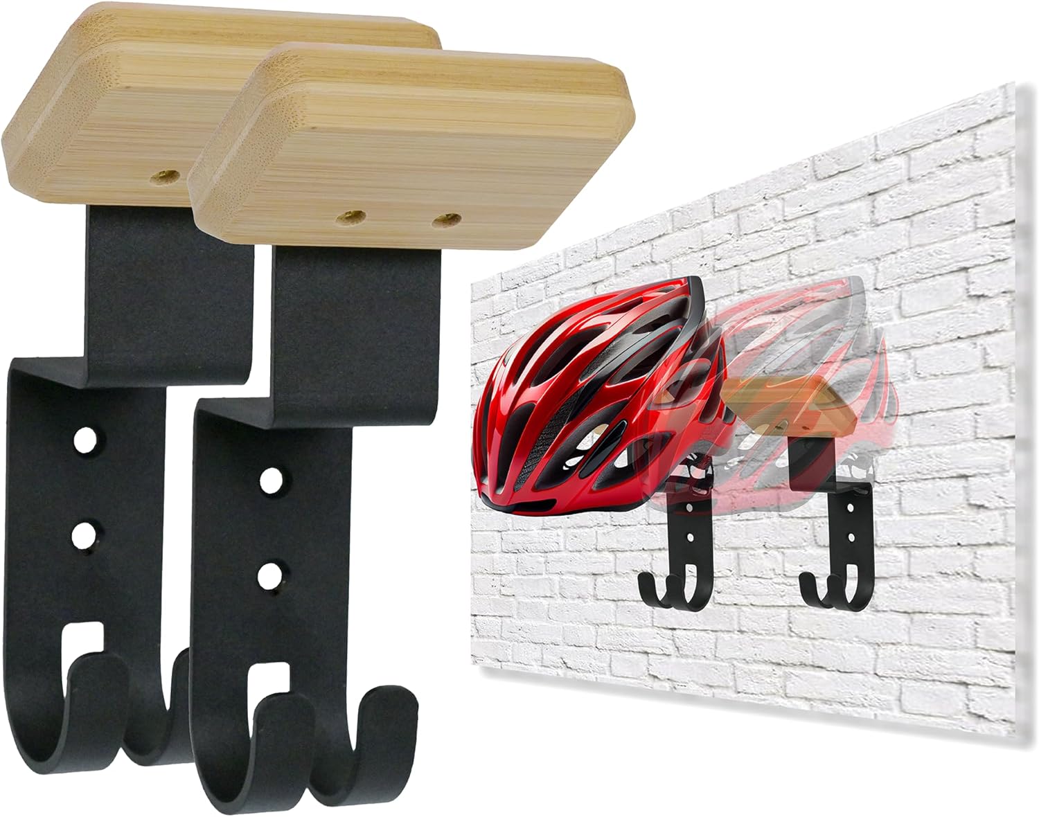 Nuvograin helmet holder wall mount front view showcasing solid wood base and steel hook