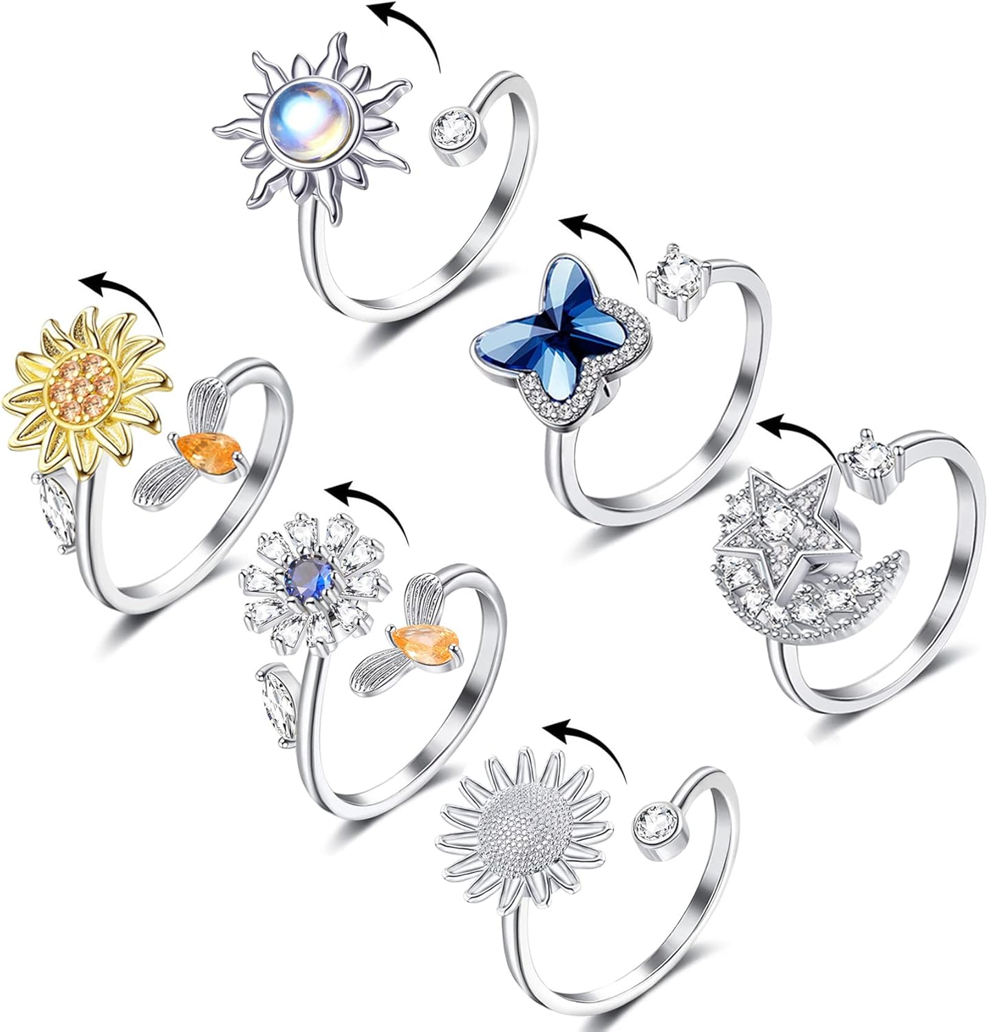 Honsny fidget rings for women six piece silver plated set front view