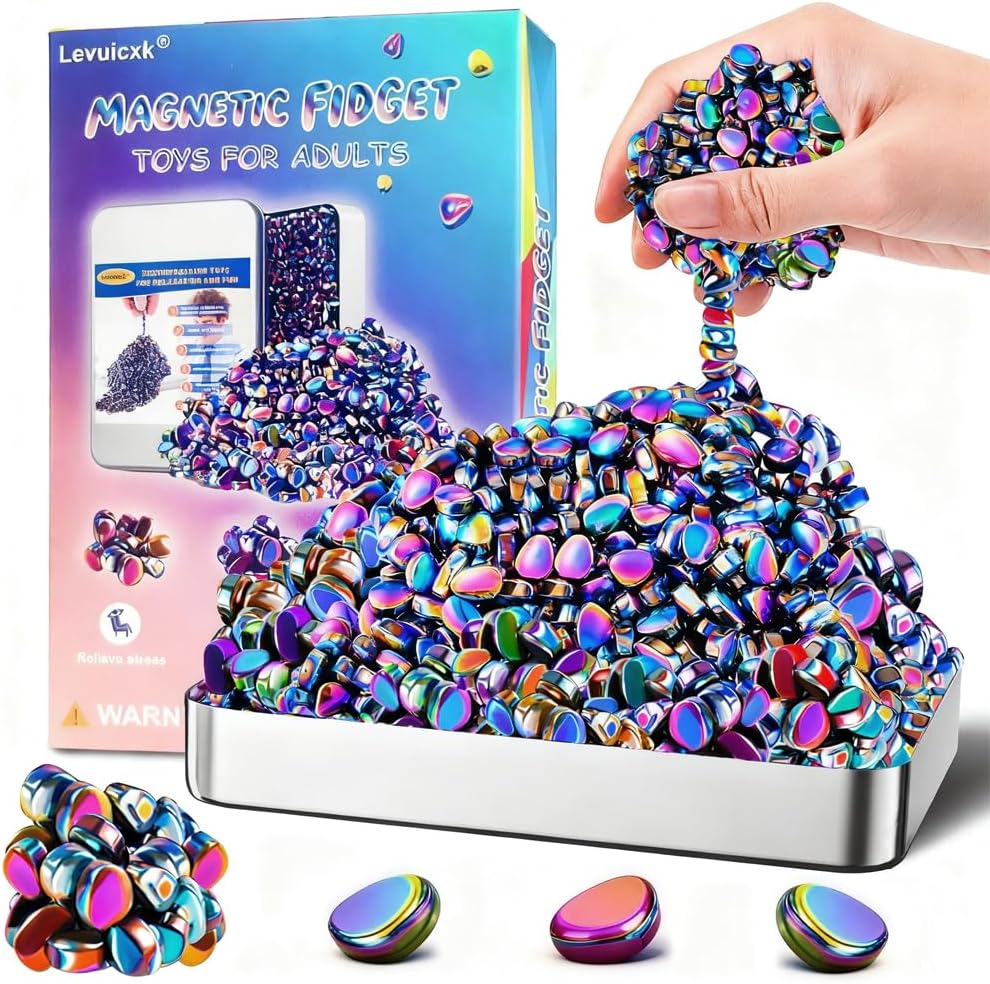 Rolling Art Levuicxk magnetic fidget toys front view showing colorful iridescent sensory stones.