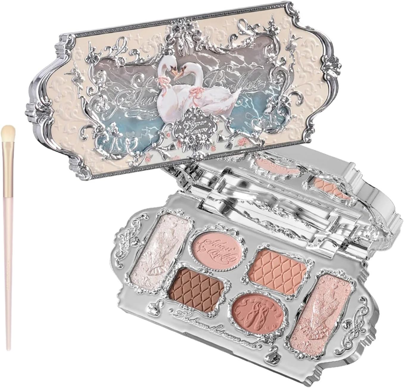 Flower Knows Swan Ballet Six-Color Makeup Palette front view featuring the intricate silver-toned swan casing.