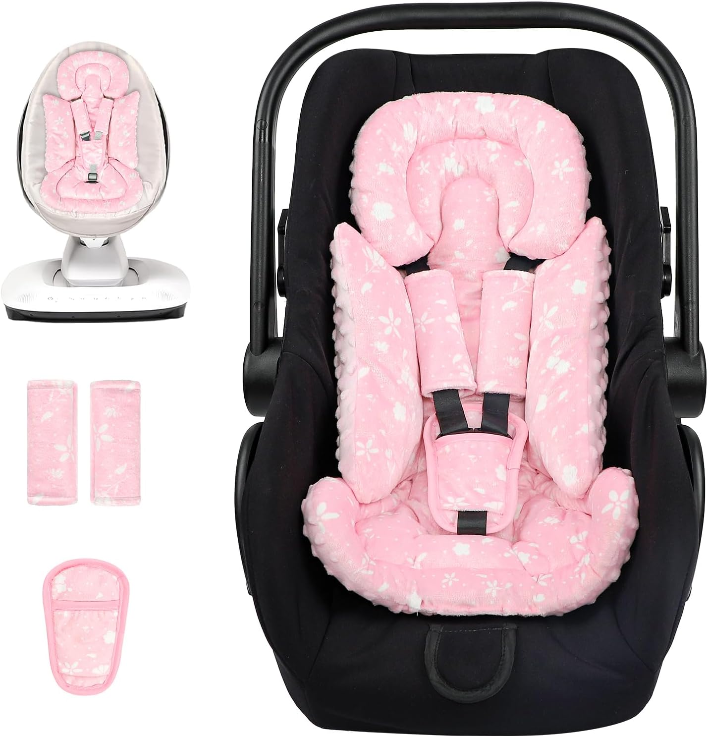 Man Fai Sky Car Seat Head Support Baby front view showing pink flower design cushion with matching shoulder strap pads.