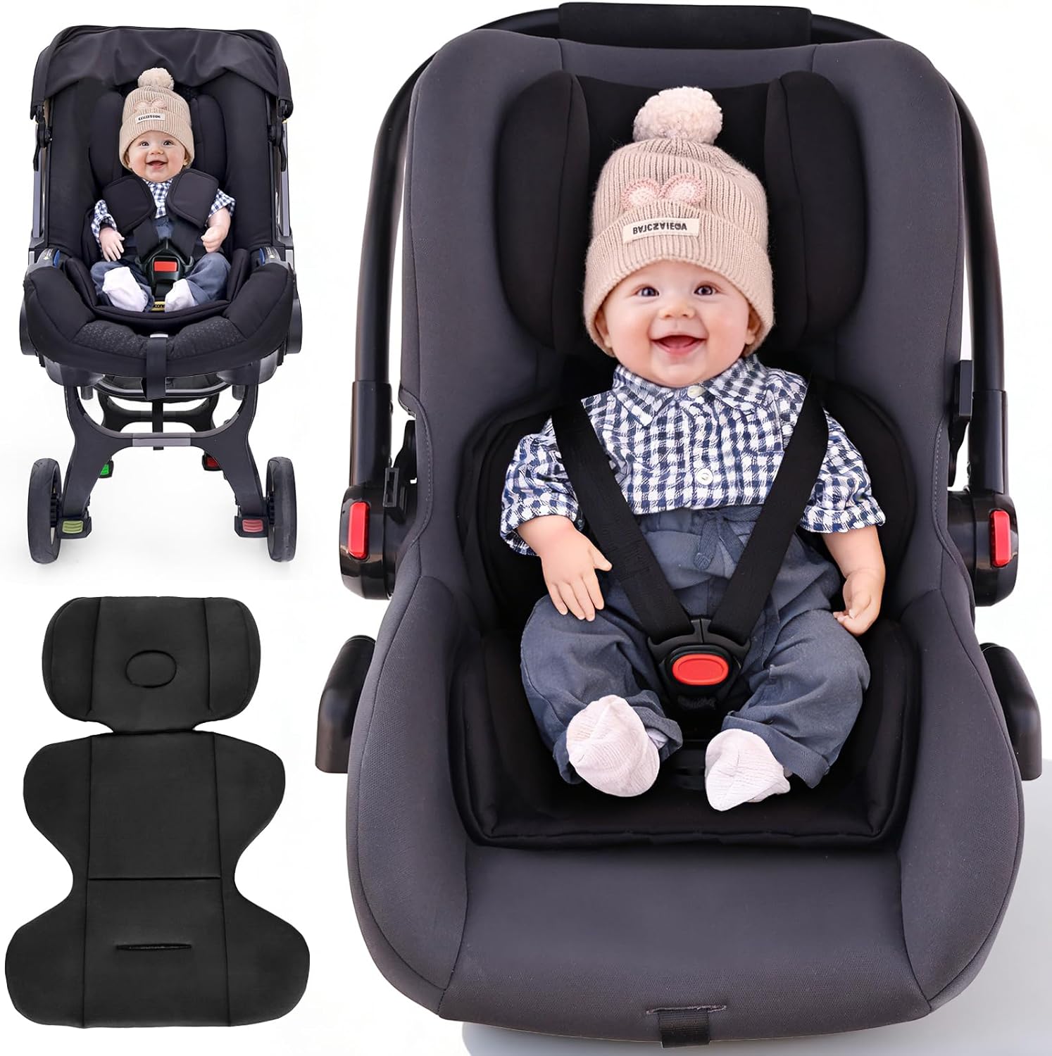 Stilnati infant car seat insert black front view premium newborn head support cushion