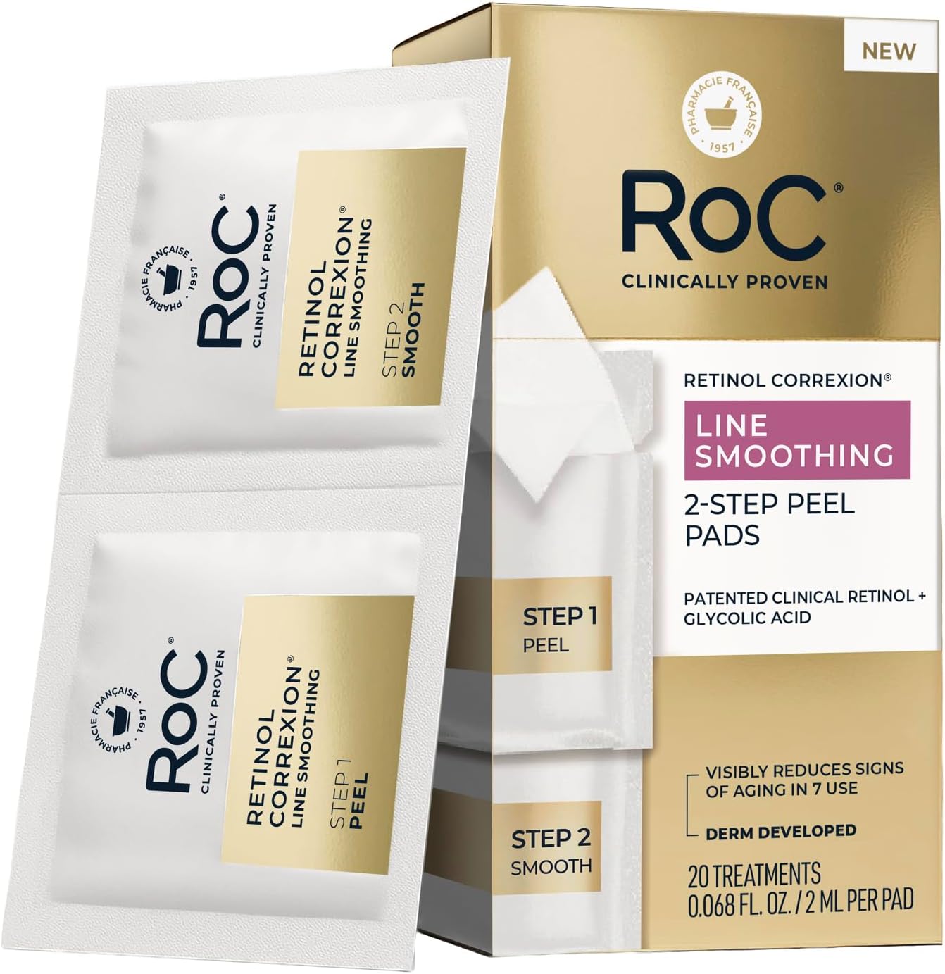 RoC Retinol Correxion Line Smoothing Two Step Peel Pads front packaging showing the twenty treatments count