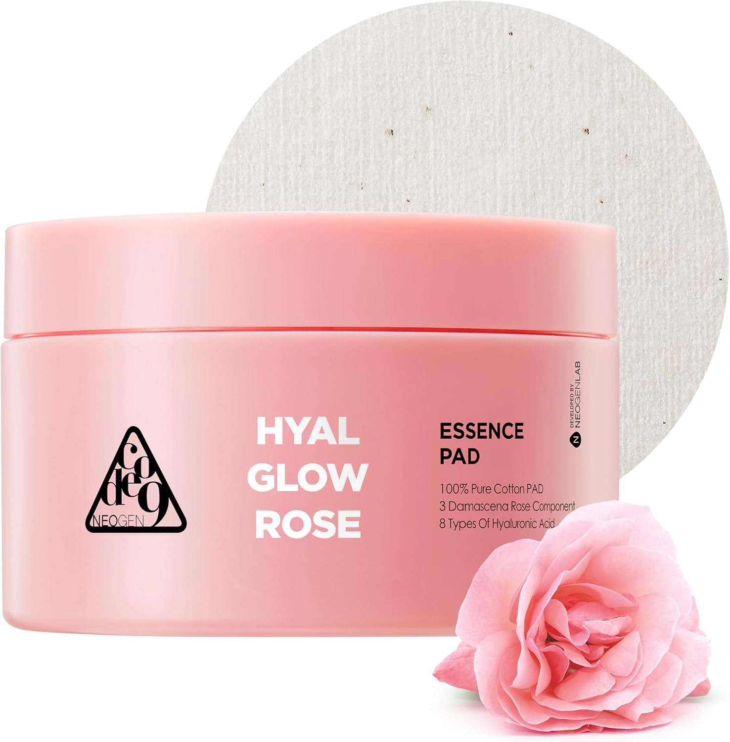 Neogen Dermalogy Hyal Glow Rose Essence Pad front view pink jar for intense hydration