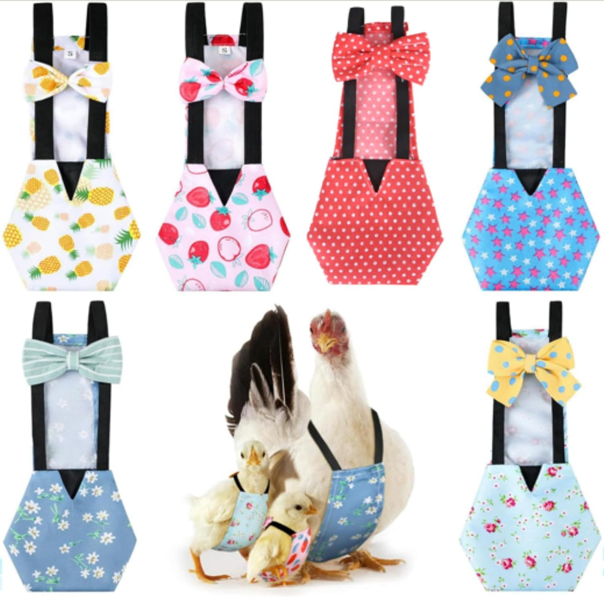 DoubleFill Reusable Poultry Chicken Diapers six piece set front view showing different colorful patterns